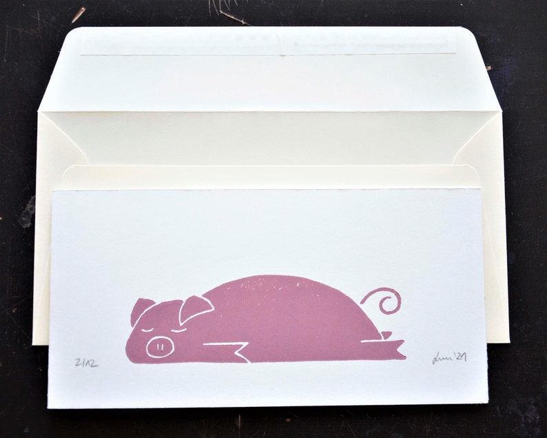 Original linocut print Greeting Card Piglet Pink