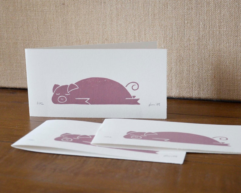 Original linocut print Greeting Card Piglet Pink