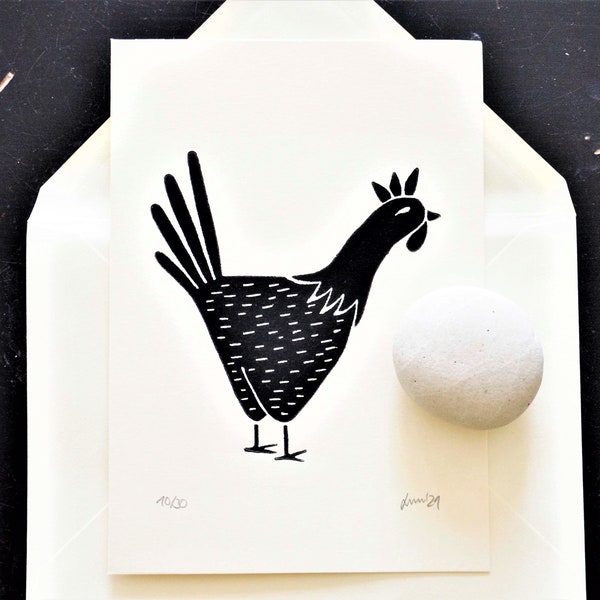 Original lino print · Greeting card · Chicken · Black