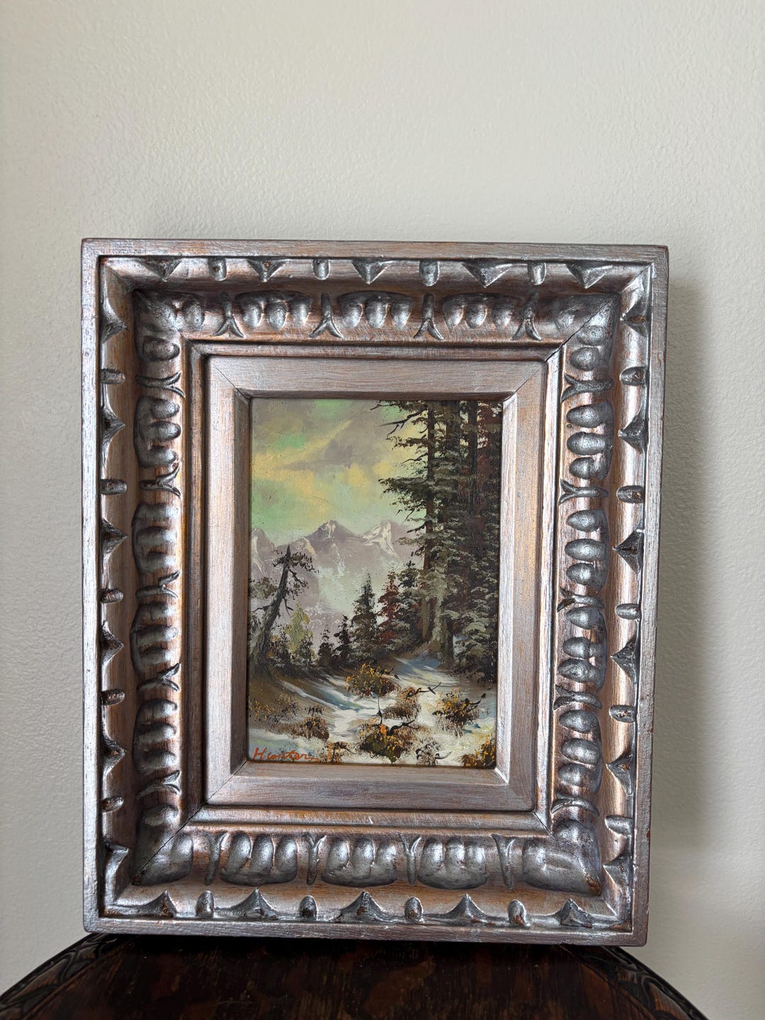 Signed Original Oil Painting – Snowy Mountain Landscape With Pine Trees ...