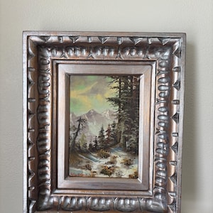 Signed Original Oil Painting – Snowy Mountain Landscape with Pine Trees – Framed Winter Forest Art