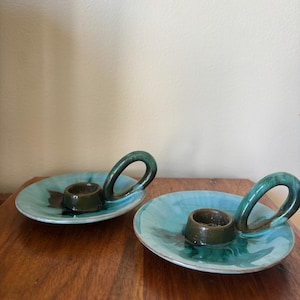 Blue Mountain Pottery Candlestick Holders: Green Flow Glaze, Vintage BMP Decor