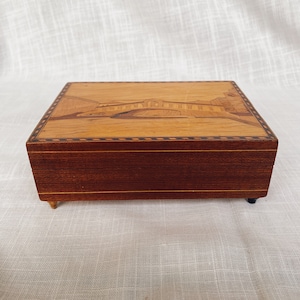 Vintage Sorrento Music Box | Italian Inlaid Wood Jewelry Box | Mid Century Modern Marquetry | Unique Keepsake Box | Retro Wood Decor