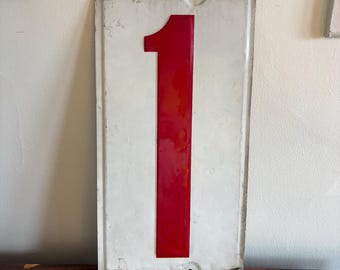 Large Vintage Metal Number 1 Sign | Industrial Red White Embossed Steel | Oversized Gas Station House Address | Architectural Salvage Decor