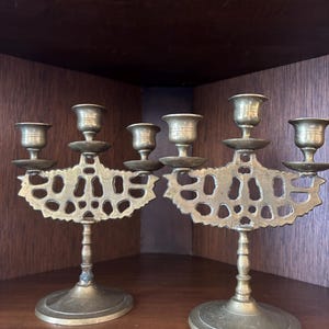 Vintage Chinese Engraved Brass Dragons Candelabra Set 3 Candle Holders 9&quot; Tall