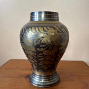 Vintage Brass Vase | Black Etched Floral Vase | Engraved Metal Vessel | Boho Decor | Mid Century Modern Accent