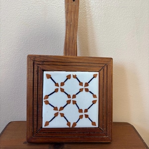 Vintage Tile Trivet | Wood and Ceramic Hot Plate | Rustic Kitchen Decor | 1970s Farmhouse | Decorative Countertop Protector