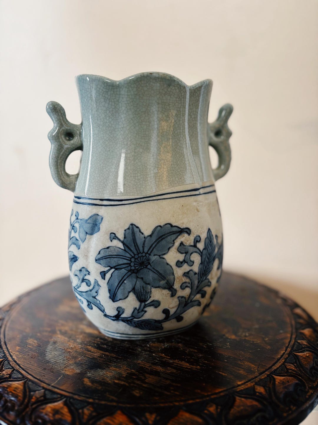 Vintage Stoneware Ceramic Vase With Painted Blue Flowers - Etsy