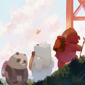 May include: Three cartoon bears, a panda, a polar bear, and a brown bear, are hiking up a hill. They are wearing backpacks and carrying hiking sticks. The sky is blue with white clouds and a yellow butterfly is flying in the air.