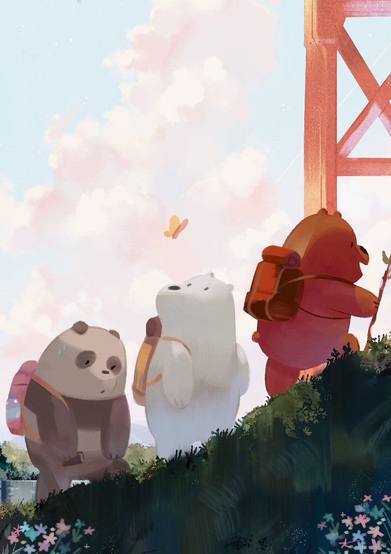 May include: Three cartoon bears, a panda, a polar bear, and a brown bear, are hiking up a hill. They are wearing backpacks and carrying hiking sticks. The sky is blue with white clouds and a yellow butterfly is flying in the air.