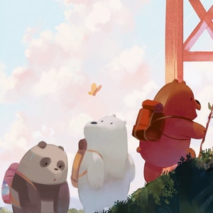 May include: Three cartoon bears, a brown bear, a white bear, and a panda bear, are hiking up a hill with backpacks on. The bears are walking towards a red bridge in the background. The sky is blue with white clouds and a yellow butterfly is flying in the air.