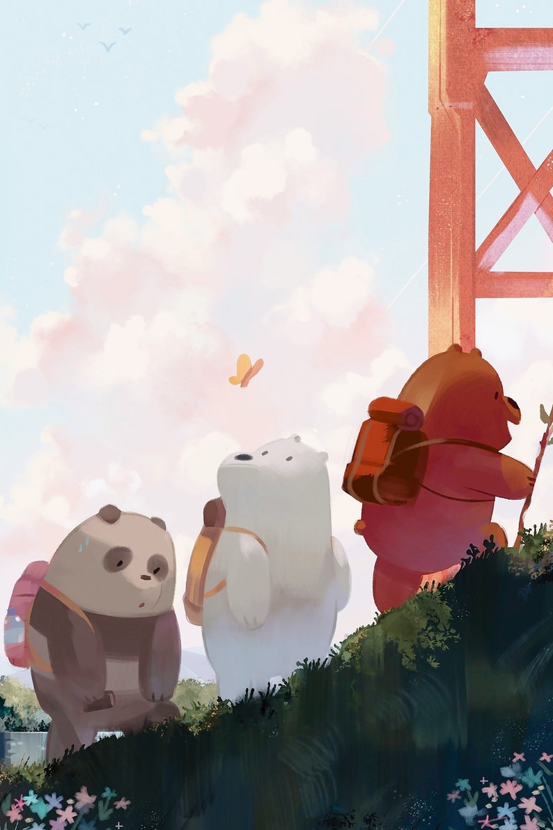 May include: Three cartoon bears, a brown bear, a white bear, and a panda bear, are hiking up a hill with backpacks on. The bears are walking towards a red bridge in the background. The sky is blue with white clouds and a yellow butterfly is flying in the air.