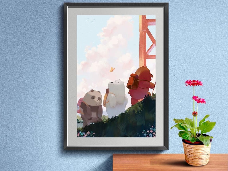 May include: Three cartoon bears, a brown bear, a white bear, and a red bear, are walking up a hill. The bears are wearing backpacks and are looking up at a butterfly flying in the sky. The background is a light blue sky with pink clouds.