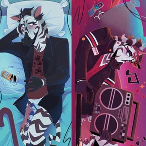 May include: Digital illustration of two zebra-like characters. One is lying in bed, wearing a black suit jacket and gloves, with pills nearby. The other is standing, wearing a black jacket with red accents, holding a boombox. The background is split into blue and purple.