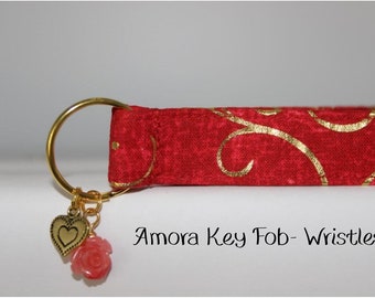 Red  Gold Key Fob, Wristlet Heart Charm, Keychain Red Gold with Charm, 10.00 Valentine Gift, Fancy Lanyard, Gem Rose Quartz  Wristlet