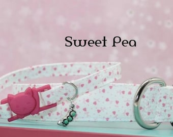 Heart Polka Dot Cat/Kitten/Dog Collar, Pink & White Cat/Dog/Kitten Collar with Vegetable Pea Charm, Girl Cotton Cat/Kitten Breakaway Collar