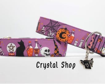 Magic Dog Collar Halloween Pumpkin Potions Dog Collar Crystal Witchy Dog Collar Black Cat Witch Dog Collar Purple Halloween Dog Collar Skull