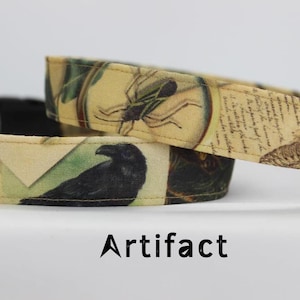 May include: A yellow and brown patterned dog collar with a black crow, a spider, and a skeleton design. The collar has the word "Artifact" printed on it.