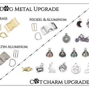 Puede incluir: Un gr&aacute;fico que muestra diferentes opciones de actualizaci&oacute;n de metal para collares y correas para perros. Las opciones incluyen lat&oacute;n, n&iacute;quel y aluminio, y aluminio satinado. El gr&aacute;fico tambi&eacute;n muestra una variedad de opciones de actualizaci&oacute;n de amuletos para collares de gato.