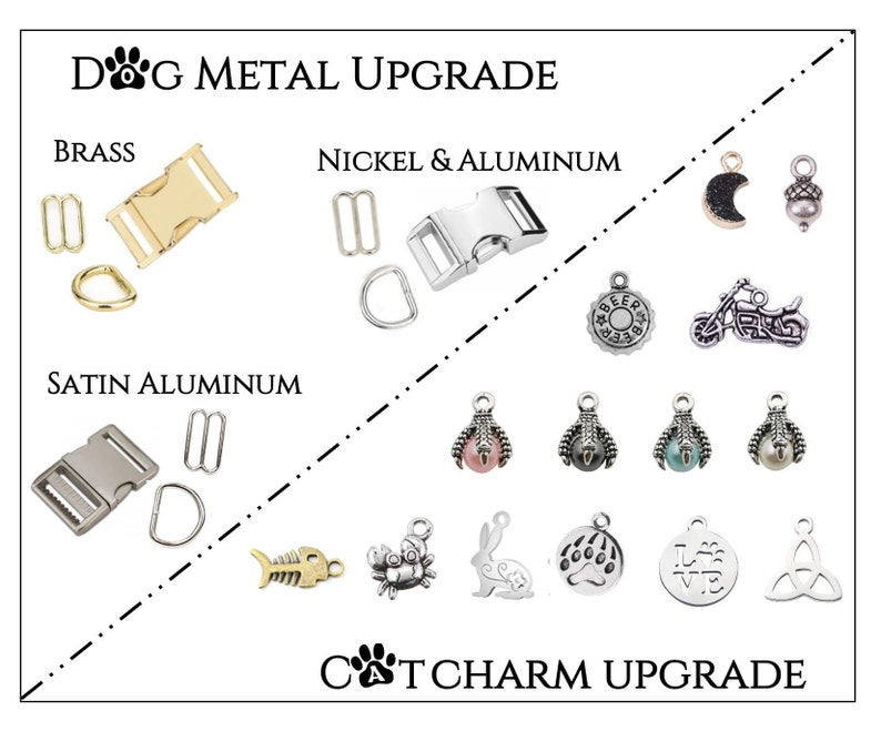 Puede incluir: Un gr&aacute;fico que muestra diferentes opciones de actualizaci&oacute;n de metal para collares y correas para perros. Las opciones incluyen lat&oacute;n, n&iacute;quel y aluminio, y aluminio satinado. El gr&aacute;fico tambi&eacute;n muestra una variedad de opciones de actualizaci&oacute;n de amuletos para collares de gato.