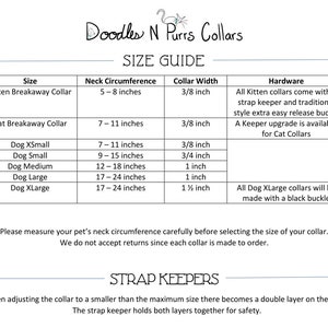 May include: Size guide for breakaway collars for kittens, cats, and dogs. The chart lists neck circumference in inches and collar width in inches. It also includes information about the hardware used for each size, including a strap keeper and buckle type.