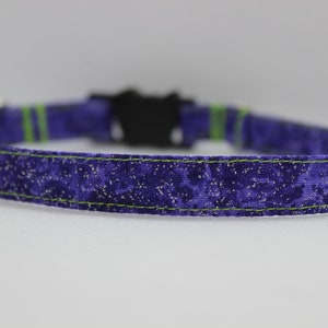 May include: A purple and green dog collar with a sparkly pattern. The collar has a black plastic buckle.