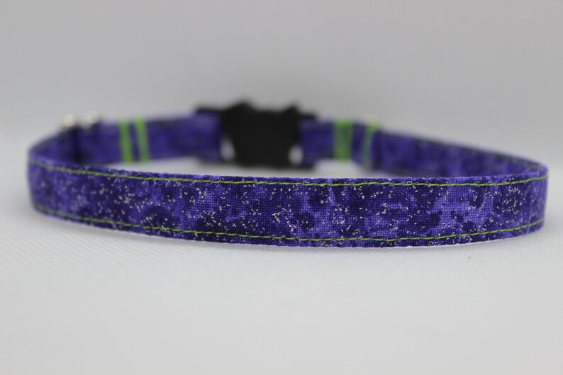 May include: A purple and green dog collar with a sparkly pattern. The collar has a black plastic buckle.