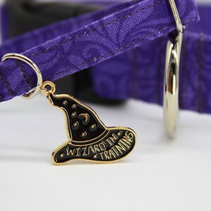 Purple paisley cat and dog  collar with  gold and black witches hat saying Wizard in Training
