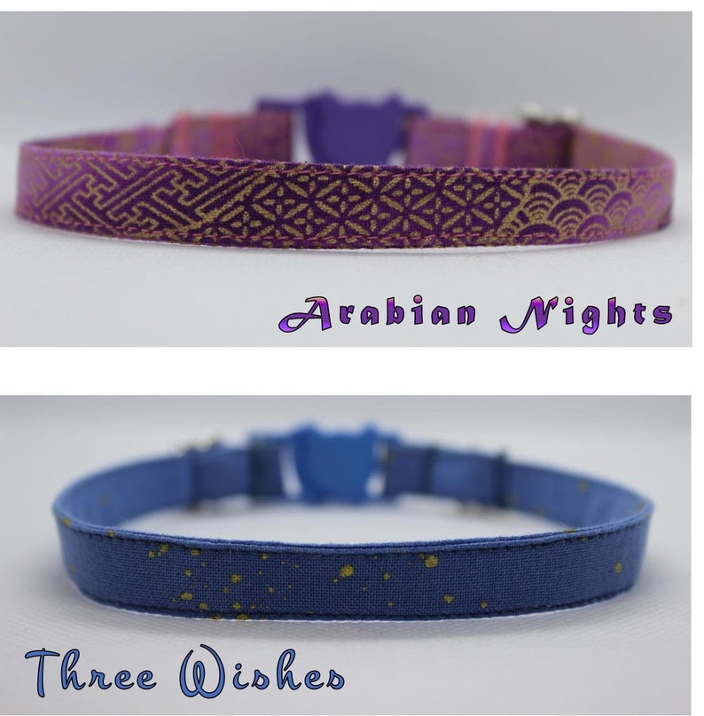 K&ouml;nnte beinhalten: Zwei Katzenhalsb&auml;nder, eines lila mit einem goldenen geometrischen Muster und dem Text "Arabian Nights" und eines blauen mit goldenen Punkten und dem Text "Three Wishes".
