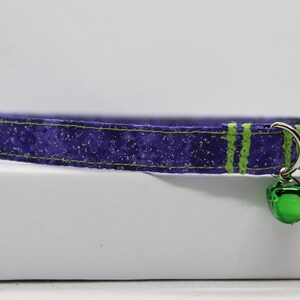 May include: Purple cat collar with green trim and a green bell. The collar has a black buckle.