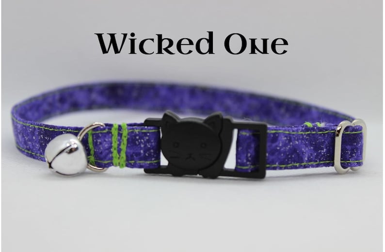 May include: Purple and green cat collar with a black cat charm and a silver bell. The collar has a white snowflake pattern. The text "Wicked One" is written above the collar.
