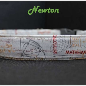 May include: A white dog collar with a print of mathematical formulas and equations, including the words "CALCULUS" and "MATHEMATICS".