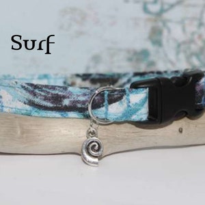 Water Beach Summer Cat/Kitten/XSmall Dog Collar,Nautical Cat/Kitten Breakaway Collar, Cute Blue Surfer Wave Cat Collar with Bell & Charm