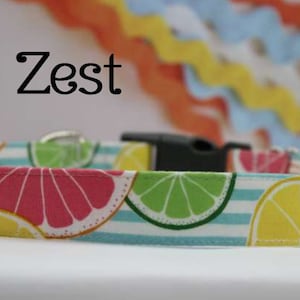 May include: A blue and white striped dog collar with a citrus fruit print. The collar features a grapefruit, lime, and lemon slices. The text "Zest" is printed above the collar.