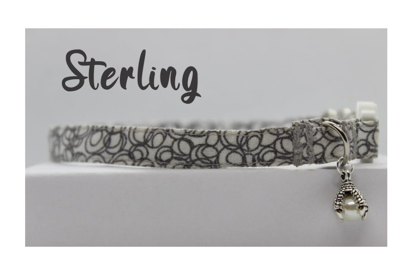 Cat Collar "sterling" Edgy, Modern, Cyber, Grey White Cotton Collar, Pearl Talon Charm, Punk, Geek, Nerd, Computer, Breakaway, Bell