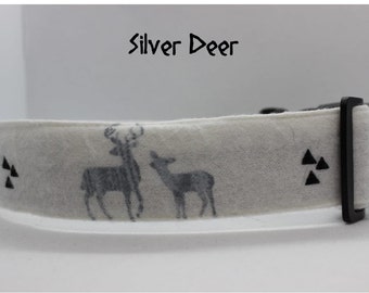 Animal Silver Deer/Fawn Dog Collar, Flannel Soft Winter Stag Dog Collar, Holiday Gift Dog Collar, Designer Father Baby Gray White Dog Collar