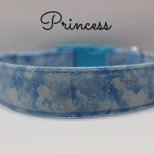 May include: A light blue dog collar with a white tie-dye pattern and a turquoise buckle. The collar is labeled "Princess".