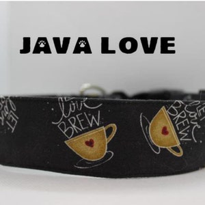 May include: Black dog collar with a white and gold print of coffee cups and the text "Love Brew".
