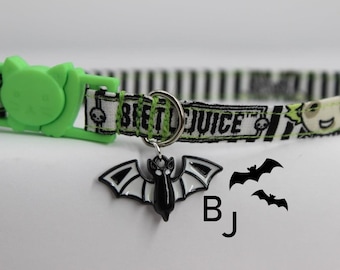 Dog & Cat Collar made with Licensed Beetlejuice fabric, Nerd Halloween Dog/Cat Collar, Scary Bat Black Striped Geek/Punk Dog Collar, Key Fob