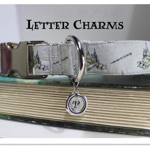Peut inclure: Un collier pour chien gris clair avec une boucle argentée et un charm. Le collier présente un motif de châteaux et de baguettes. Le charm est un cercle argenté avec la lettre "P". Les mots "Letter Charms" sont au-dessus du collier.