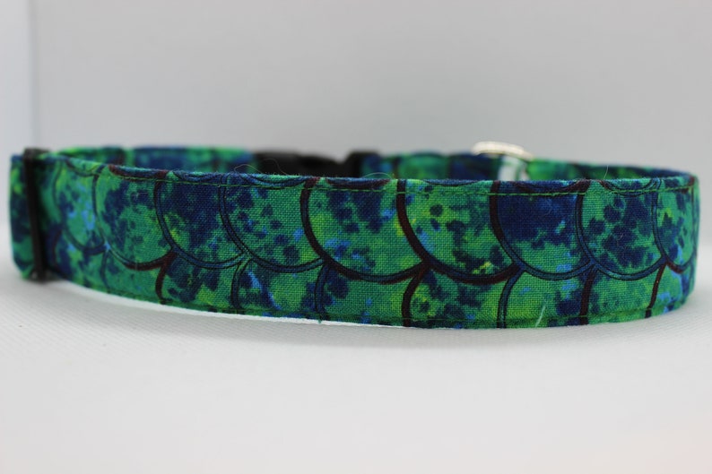 May include: A green and blue dog collar with a scale pattern.