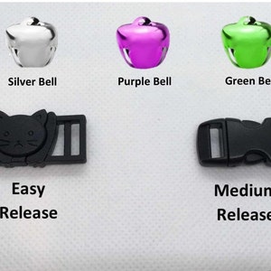 May include: Three different colored bells, silver, purple, and green, with the text "Silver Bell", "Purple Bell", and "Green Bell" underneath each.  Two black plastic buckles, one with the text "Easy Release" underneath and the other with the text "Medium Release" underneath.