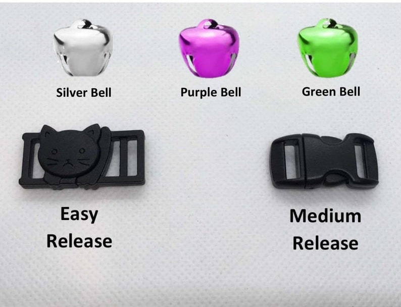 May include: Three different colored bells, silver, purple, and green, with the text "Silver Bell", "Purple Bell", and "Green Bell" underneath each.  Two black plastic buckles, one with the text "Easy Release" underneath and the other with the text "Medium Release" underneath.