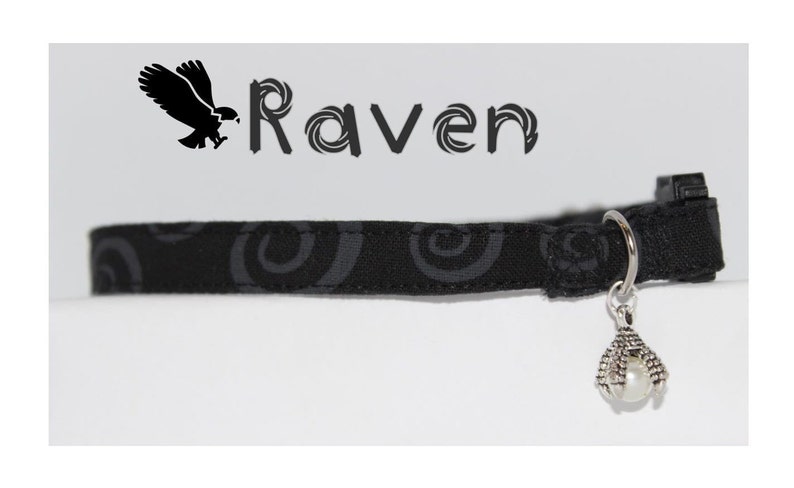 Cat collar black with swirls of lighter black. birds claw charm attached with pearl between talons. Xsmall Dog, kitten collar  geek cat collar, nerd cat collar Halloween