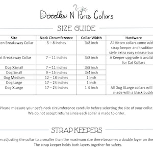 Size  chart for kitten collar with  strap keeper, cat collar breakaway, Xsmall dog, collar,