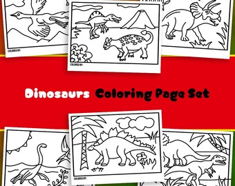 Può includere: Un set di sei pagine da colorare di dinosauri in bianco e nero. Ogni pagina presenta una scena di dinosauro diversa, tra cui un Triceratopo, uno Stegosauro e un dinosauro volante. Il testo "Dinosaurs Coloring Page Set" è visualizzato in bianco su sfondo rosso.