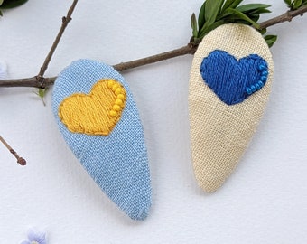 Set of two Ukrainian hair clips, Ukrainian flag blue and yellow, heart barrette, linen snap clip, made in Ukraine, embroidered hair clip