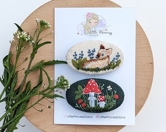 Mushroom and deer hair clips, woodland barrette, fly agaric barrette, toadstool jewelry, forest baby look, Ukraine shop, embroidered clip