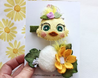 Chicken hair clips, Easter baby barrette, farm kids birthday party, yellow baby chicken clips, eggs and flower clip,  toddler clip