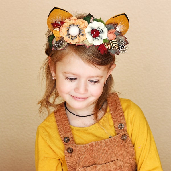 Fox flower crown, woodland fox headband, flowers crown fox birthday party, forest girls fox ears, animal headband, fox accessories